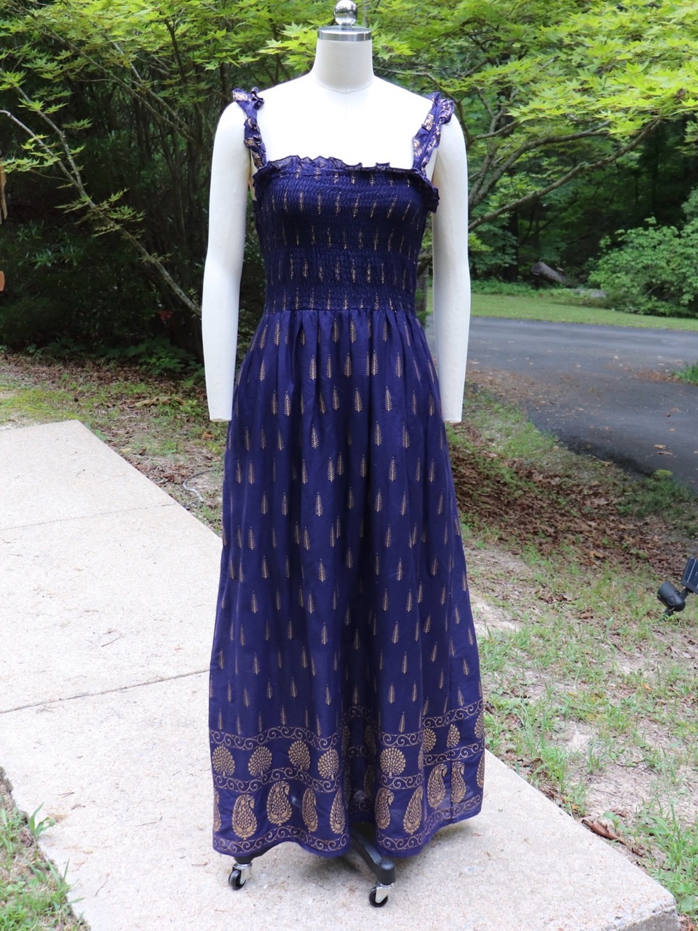 Lapogee Boho Navy Blue Gold Metallic Block Print Smocked Maxi Dress M